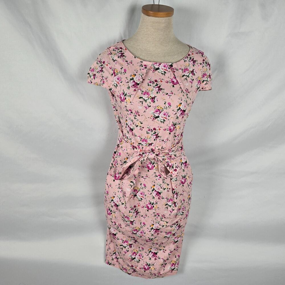 Rummies Dress Women's 6 Pink Floral Mini Short Cap Sleeve Tie Round Neck Zipper